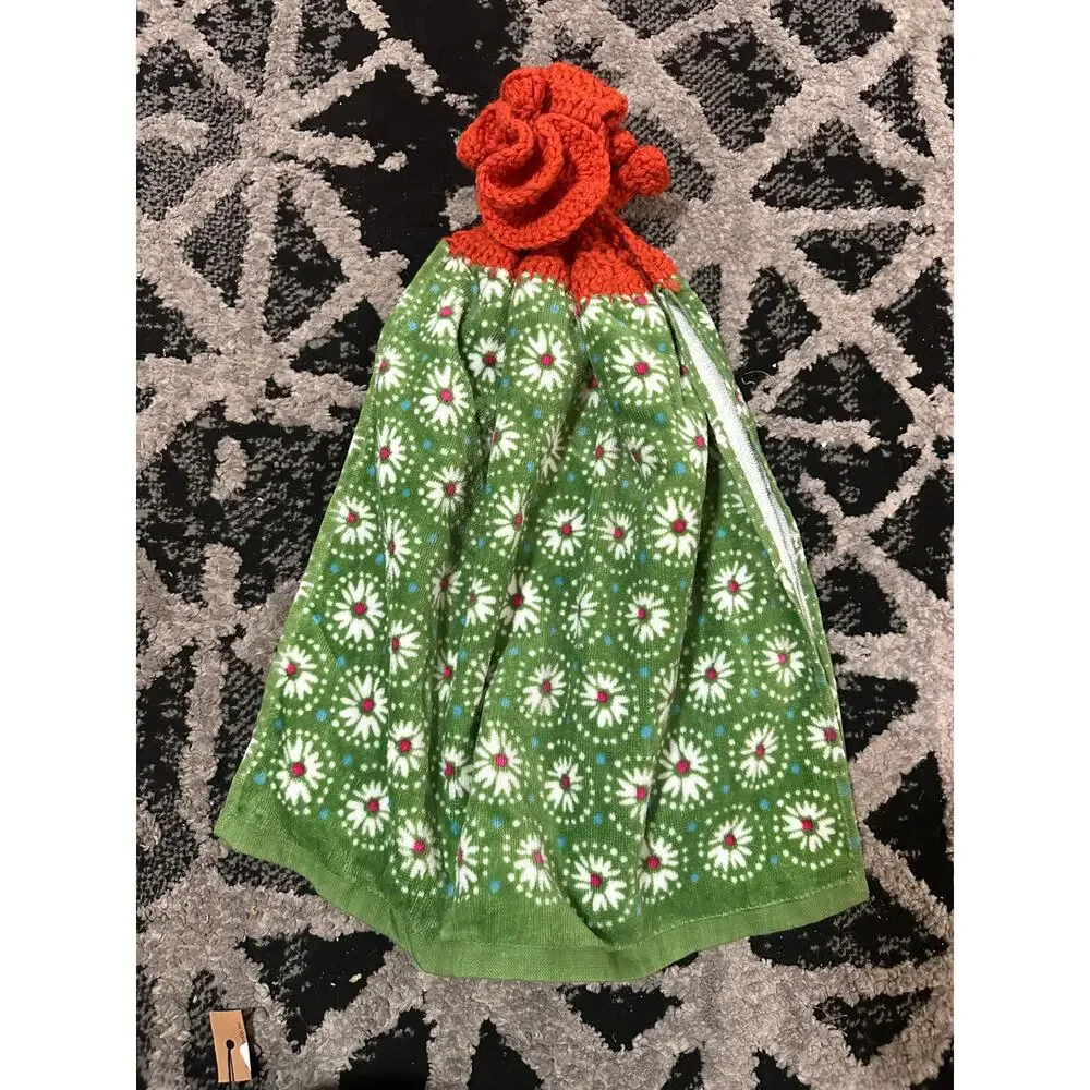 Vintage tea towel crochet green red orange 1970s kitchen rag retro hippie  bold